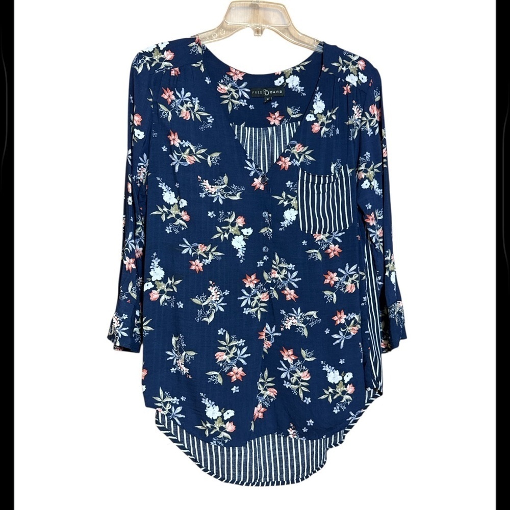 Fred David Navy Floral Blouse with Stripes size medium